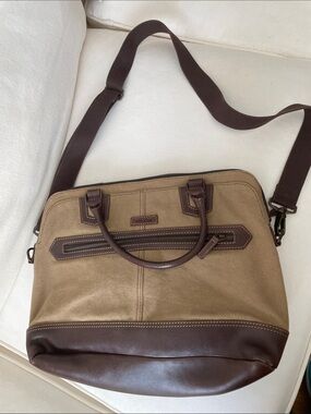 Geox Tan Canvas and Brown Leather Laptop Messenger Bag